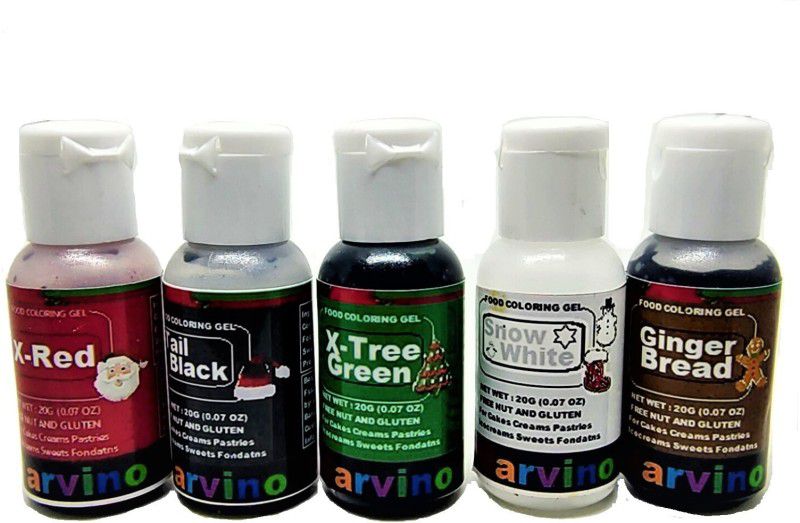 Marvino Christmas Special Gel Color for Whipping Cream Icing Cakes Pastries Fondant and Creams (Set of 5 (Sonw White,Tail Black, X-Tree Green, X-Red, Ginger Bread) Black, Red, White, Brown, Green  (100 g)