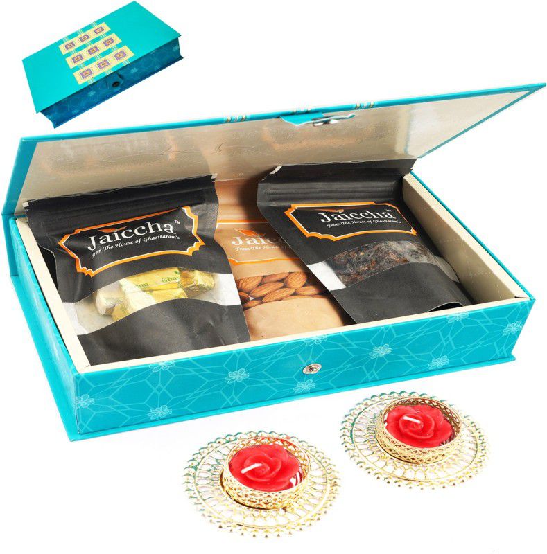 Jaiccha Christmas Gift-Blue Rectangular box of Mewa Bites, Almonds,Banarsi Paan and 2 T-Lites Combo  (300g)