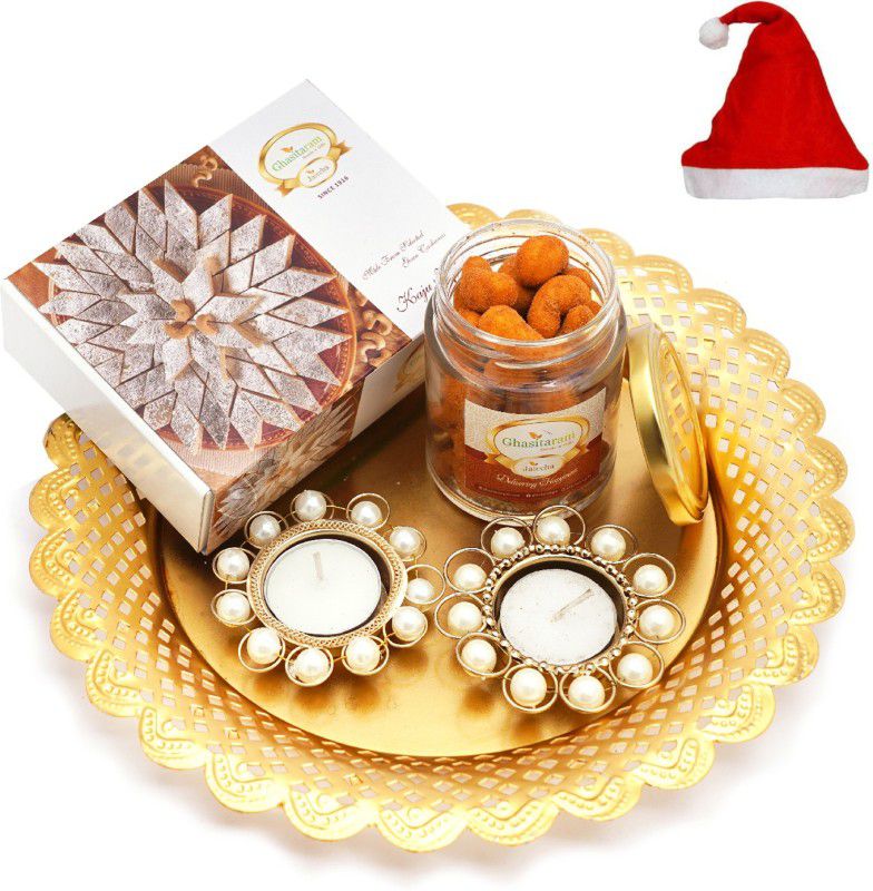 Ghasitaram Gifts Christmas Gifts-Golden thali with2 T-Lites, Crunchy Coated Cashews jar and Kaju Katli Combo  (320g)