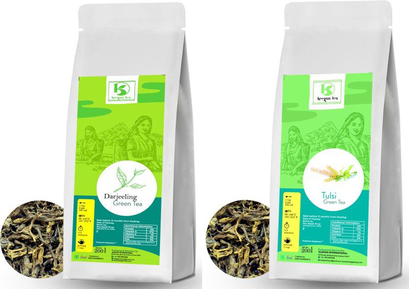 Keegan Tea Pure Darjeeling Green Tea & Tulsi Green Tea 200gm Pouch Combo(200gm+200gm) Tulsi, Plain Green Tea Pouch  (2 x 200 g)