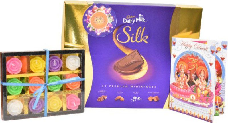 Uphar Creations Silk Premium Miniatures Gift Pack With 12 Candle Set And Diwali card | Diwali Gifts| Chocolate Gifts| Combo  (Cadbury Miniatures Gift Pack -1 | Diwali Card-1 | Diwali Candle Holder-1)