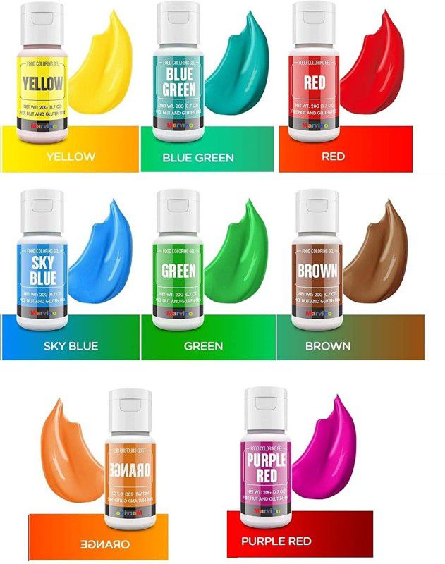Marvino Gel Food Colouring, Vibrant Icing Colors Veg and Gluten Free Gel Icing Colors for Cake Decorating, Baking, Fondant, Slime Edible Food Dye Colour - (20ml) Bottles (Assorted 8) Multicolor  (160 g)