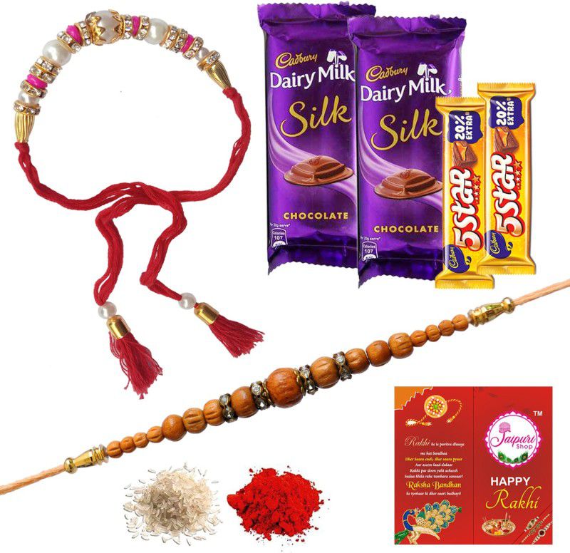 Jaipuri Shop Cadbury - 5Star Chocolate Gift Hamper With Multicolor Traditional Exclusive Bhaiya-Bhabhi 2 Rakhi Set Combo  (4)