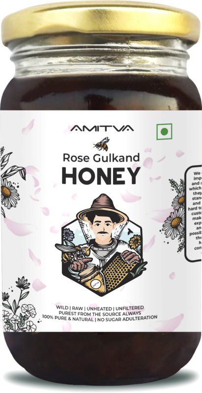 AMITVA Rose Gulkand Honey with 100% Raw Wild Forest Honey , Zero Added Sugar - 250gms  (250 ml)