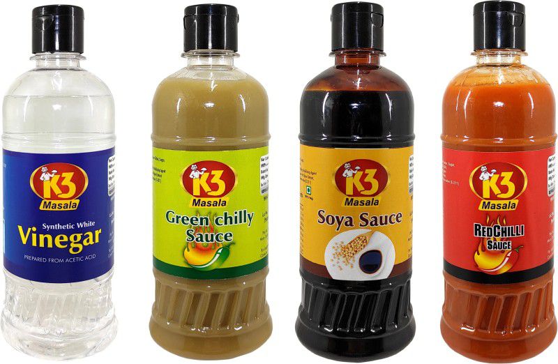 K3 Masala Soya Sauce (500ml),red Chilli Sauce (500ml),Green Chilli Sauce (500ml) and vinegar (500ml) (Pack of 4) Sauces & Ketchup  (4 x 500 ml)