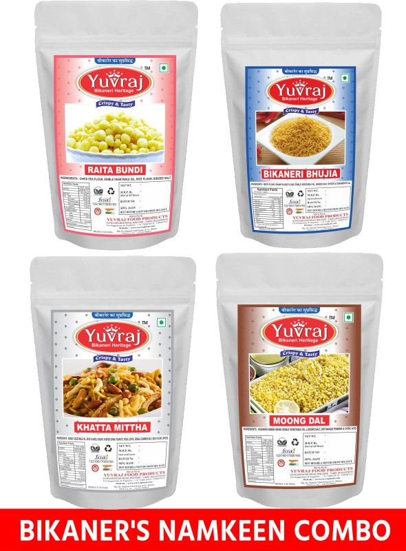 Yuvraj Food Product Bikaneri Mix Raita boondi, Khatta meetha , bhujiya, Moong da 200 gm x 4  (4 x 200 g)