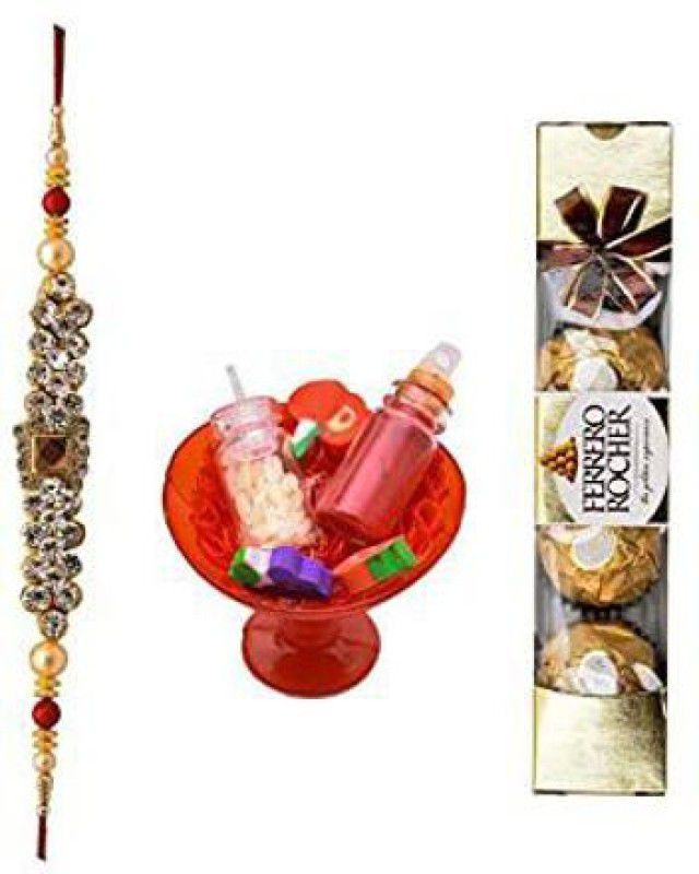 NUTRI MIRACLE Rakhi Hampers & Gourmet Gifts with Cz Stone Rakhi,Ferrero Rocher and Decorative Tilak Kit Combo  (Stone Rakhi 1Pc-Ferrero Rocher 1Pc-Tilak Kit 1Pc)