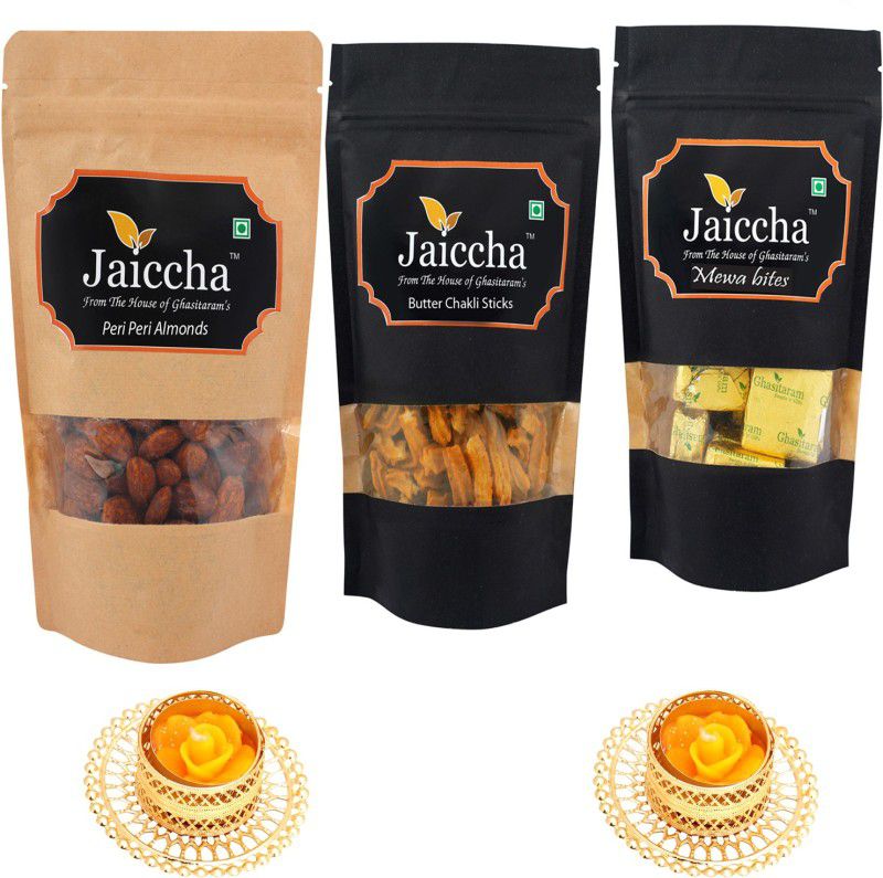 Jaiccha Mewa Bites Pouch, Butter Chakli Sticks and Peri Peri Almonds with T-lites Combo  (450 g)