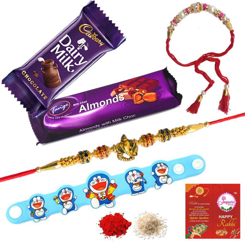 Jaipuri Shop Cadbury Dairy Milk 20Gm & Tango Almonds 20Gm Chocolate With Multicolor Exclusive Bhaiya-Bhabhi With Doraemon Kids 3 Rakhi Set Combo  (7)