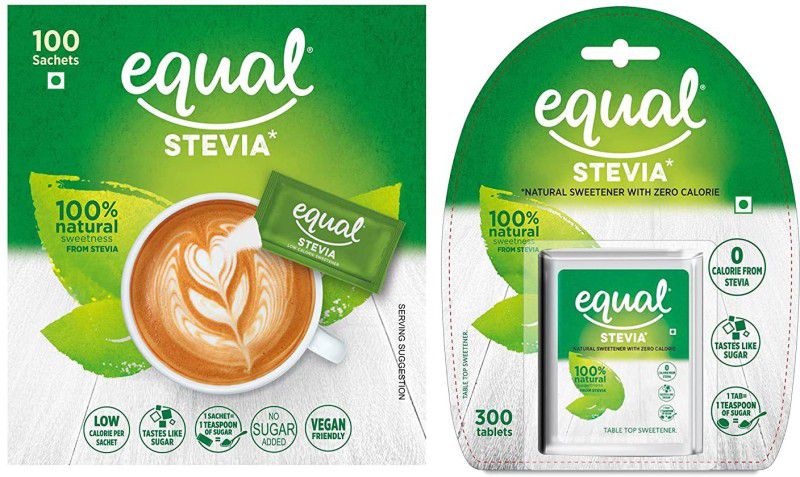 Equal Stevia Natural Sweetener Tablet 300 & Stevia Natural Sweetener 100 Sachet Sweetener  (105 g, Pack of 2)