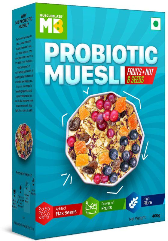MUSCLEBLAZE Probiotic Muesli, Breakfast Cereals For Good Gut Health, Fruits, Seeds and Nuts, Multigrain Flakes, High In Fibre, Antioxidant-Rich Box  (400 g)