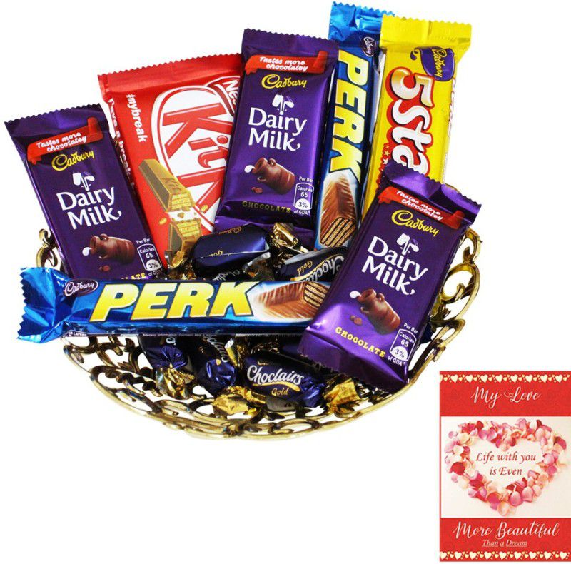 Cadbury Chocolate Gift Hamper With Lovely Tray| Chocolate Gift Basket Hamper | Chocolate Gift Tray For Valentine | 014 Combo  (1 Tray, 2 Perk (13g), 1 Kitkat (12.8g),1 5Star (25g), 3 Dairy Milk (13.2g), 5 Choclairs, 1 Love Card)