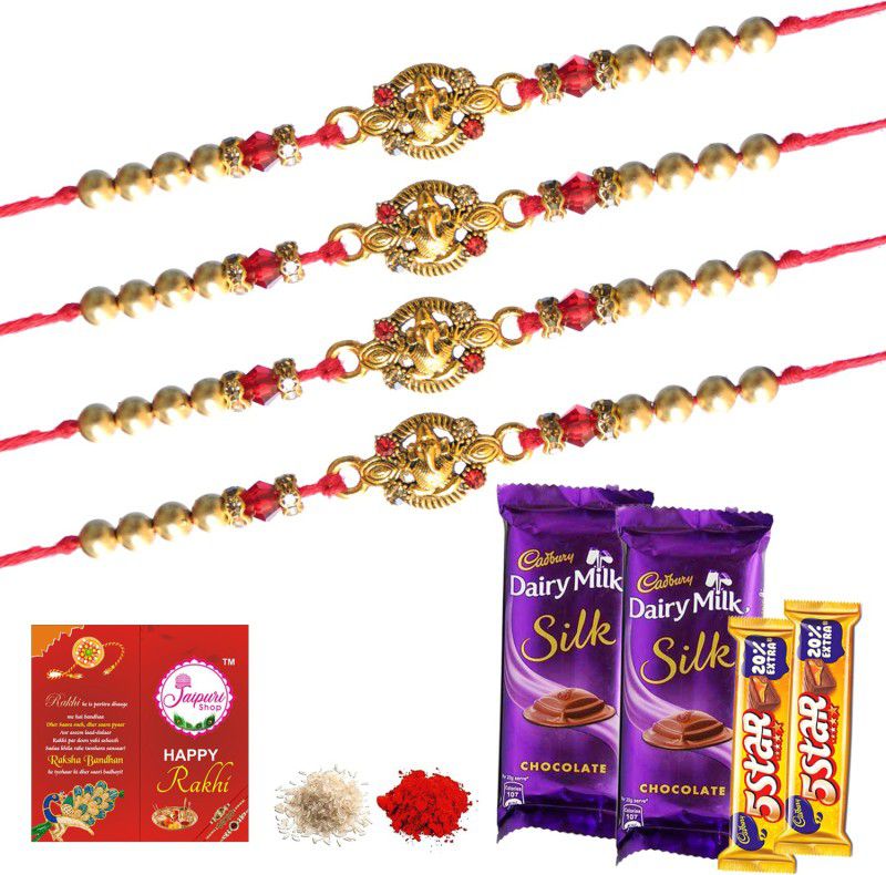 Jaipuri Shop Cadbury - 5Star Chocolate Gift Hamper With Multicolor Religious Ganesh 4 Rakhi Set Combo  (6)
