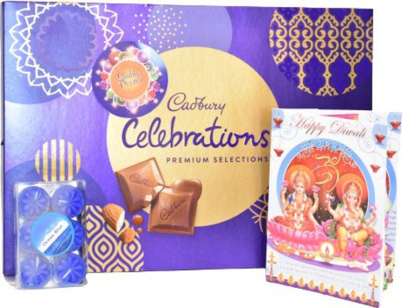 Uphar Creations Premium Selection With Blue Ocean Candle Set And Diwali card | Diwali Gifts| Chocolate Gifts| Combo  (Cadbury Premium Selection Chocolate Box -1 | candle- 6 | Diwali Card-1)