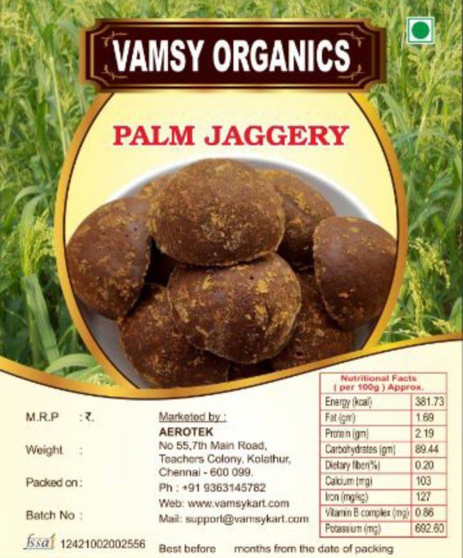 VAMSY ORGANICS Original Udangudi karuppatti,Panai vellam,Palm jaggery,Bellam,Gur,Bella,Gul Block Jaggery  (1 kg)