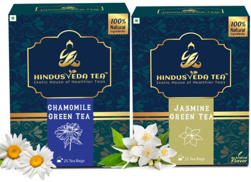 HINDUSVEDA TEA - Chamomile Tea And Jasmine Tea - Blended With Exotic Green Tea | Chamomile Green Tea And Jasmine Chamomile Green Tea Bags Box  (2 x 25 Bags)
