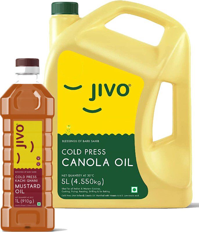 JIVO Cold Pressed Canola oil 5 Litre With Kachi Ghani Mustard Oil 1L (Pack of 6L) Canola Oil Can  (2 x 3 L)