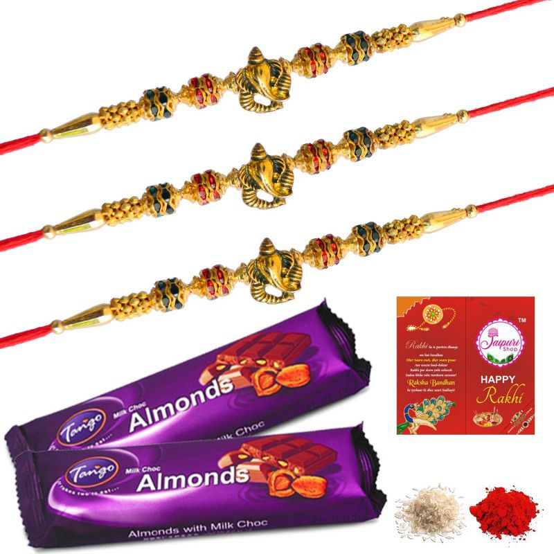 Jaipuri Shop Tango Almonds Milk Chocolate Bar 80g (40g X 2 Pack) With Multicolor Religious Ganesh 3 Rakhi Set Combo  (7)