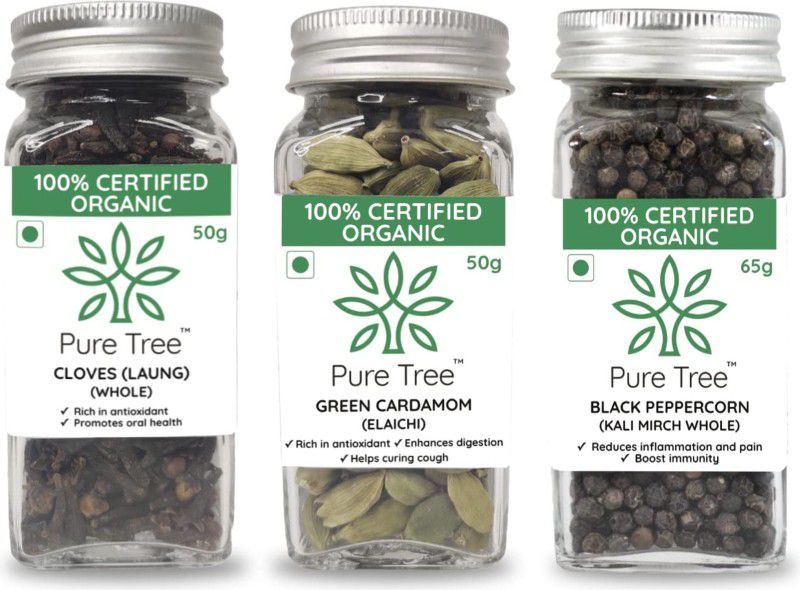Pure Tree Organic Cloves 50gm, Cardamom 50gm, Black Pepper 65gm, Pack Combo  (165 Grams)
