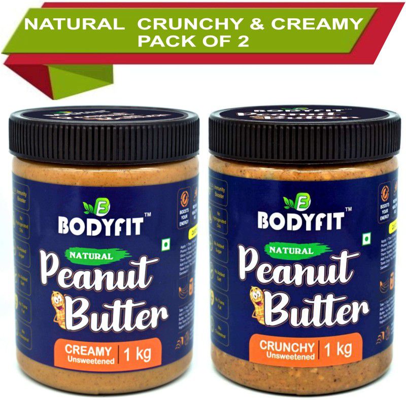 BodyFit NATURAL PEANUT BUTTER CREAMY & CRUNCHY Combo (1kg+1kg) HIGH PROTEIN | Unsweetened | Made with 100% Roasted Peanuts |30% Protein | No Added Salt | No Hydrogenated Oils | No Added Sugar|2 kg (Pack of 2) 2 kg  (Pack of 2)