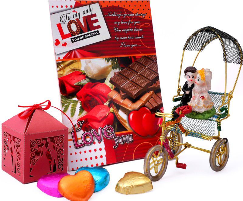 MANTOUSS Valentines Gift for Boyfriend Special/Girlfriend/Valentines Day Gift Combo  (cute handcrafted chocolate box-1, Miniature couple statue-1, wired rikshaw-1, card-1)
