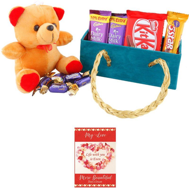 Cadbury 9 Pieces Chocolates With Premium Multipurpose Basket | Chocolate Gift For Valentine | 271 Combo  (1 Designer Basket, 1 5Star (25g), 1 Kitkat (12.8g), 1 Cute Teddy , 2 Dairy Milk (13.2g), 5 choclairs, 1 Love Card)