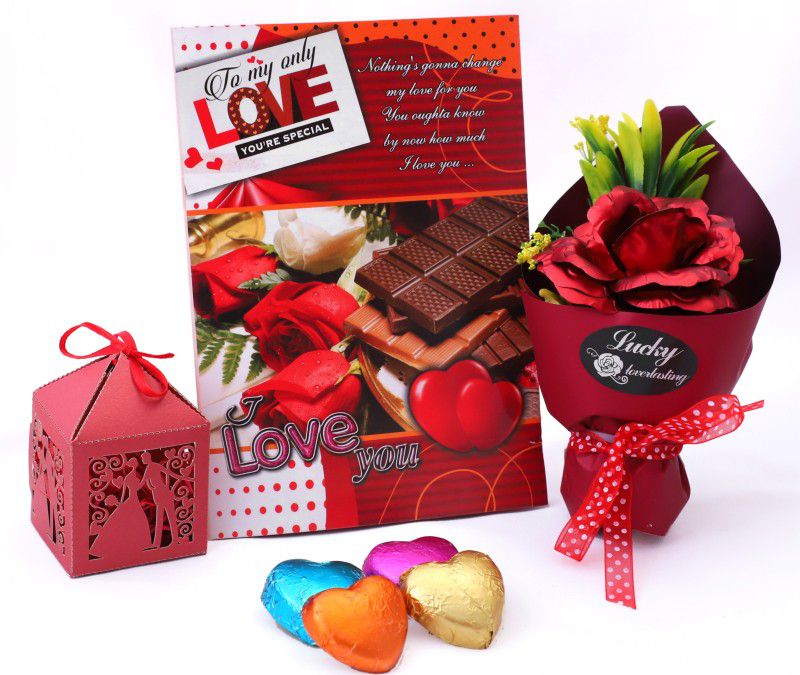 MANTOUSS Valentines Day Gift for Boyfriend Special/Girlfriend/Valentines Day Choc Gift Combo  (cute handcrafted chocolate box -1, flower bouque -1, valentines day greeting card -1)