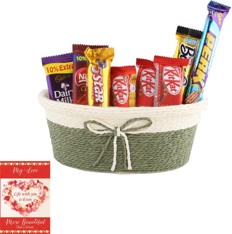 Cadbury Beautiful Festival Chocolate Gift Hamper | Chocolate Gift For Valentine | 365 Combo  (1 Designer Basket , 1 Nestle Classic (18g) , 1 5Star (25g) , 1 BarOne (22g) , 1 Perk (13g) , 1 Dairy Milk (13.2g), 3 Kitkat (12.8g), 1 Love Card)