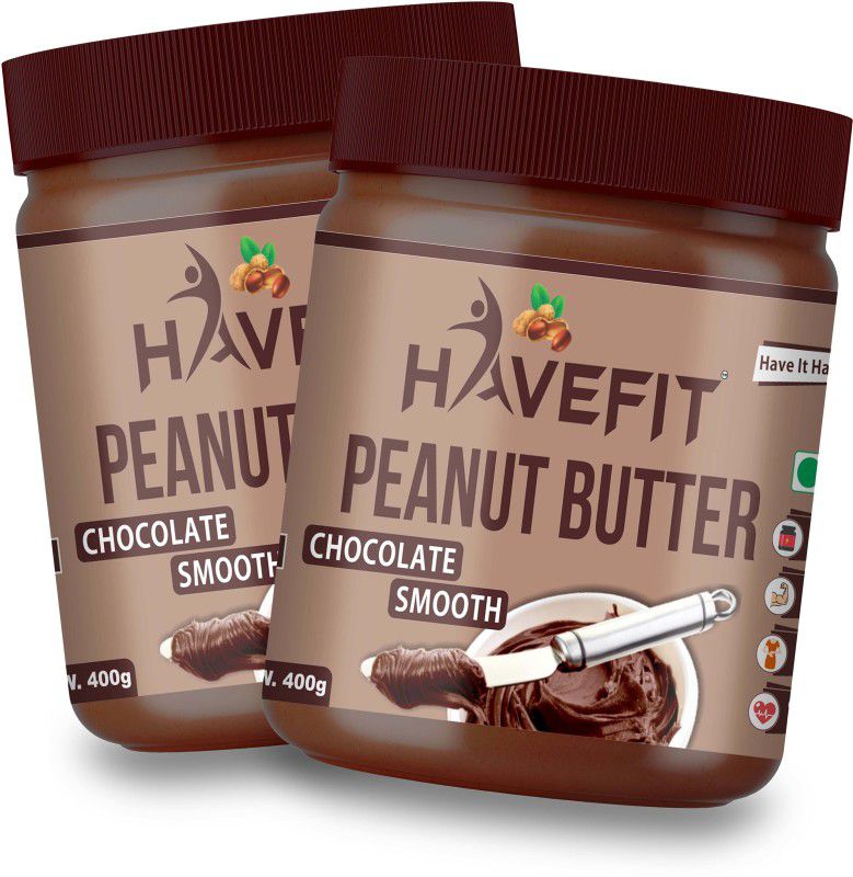 HAVEFIT Chocolate Peanut Butter Smooth 800 G | Produced with Premium Peanuts, Cocoa Powder & Choco Chips | 22% Protein | Non GMO | Gluten Free | Vegan | 400g Pack Of 2 800 g  (Pack of 2)