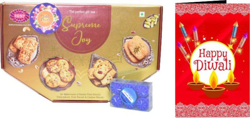 Uphar Creations Supreme Joy Cookies Gift Pack With Blue Ocean Candle Set And Diwali card | Diwali Gifts| Chocolate Gifts| Combo  (Supreme Joy Cookies Gift Pack-1| Diwali Card-1 | Diwali Candle Holder-1)