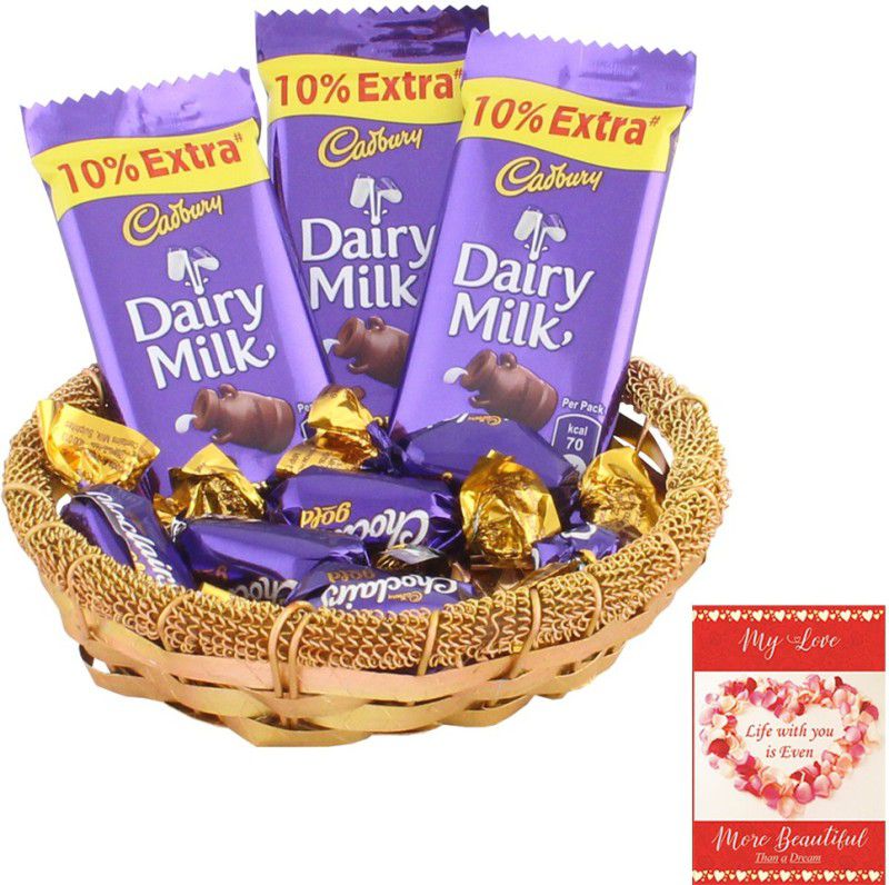 Cadbury Sweet Chocolate Gift For Your Loved Ones | Premium Chocolate Gift for Valentine | 310 Combo  (1 Golden Katory , 3 Dairy Milk (13.2g), 5 Choclairs, 1 Love Card)