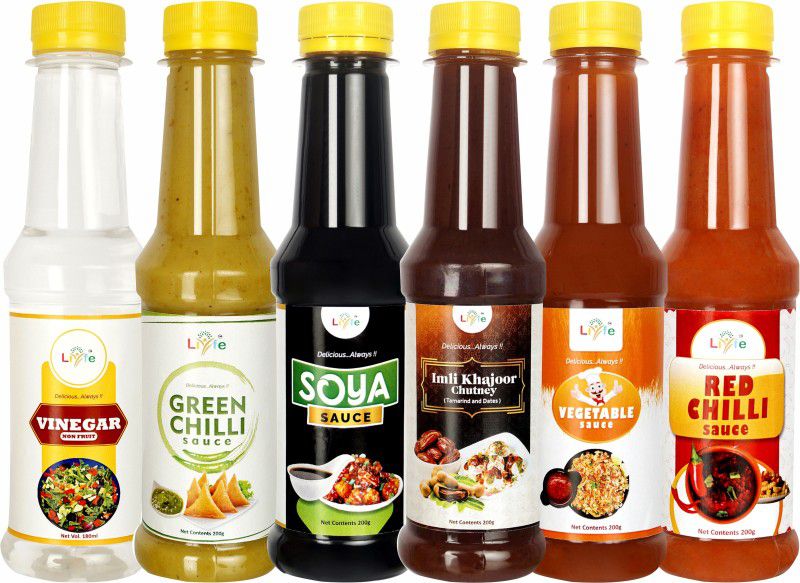 LIYFE Combo of 6 Sauce (Imli Dates Chutney, Vegetable Sauce, Soya Sauce, Green Chilli, Red Chilli, Vinegar) Sauces & Ketchup  (6 x 0.2 kg)