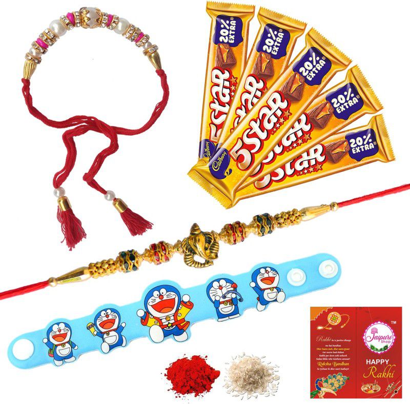 Jaipuri Shop 5Star Chocolate 110Gm (5Pc.) With Multicolor Exclusive Bhaiya-Bhabhi With Doraemon Kids 3 Rakhi Set Combo  (5)