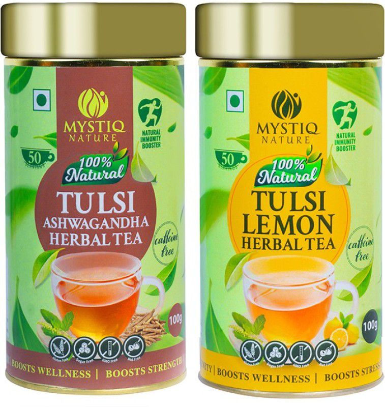 Mystiq Nature TULSI ASHWAGANDHA + LEMON HERBAL FLAVOURED TEA COMBO (100GM + 100GM) Tulsi Herbal Tea Tin  (2 x 100 g)