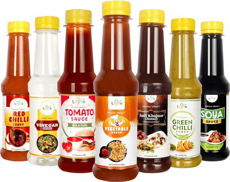 LIYFE Combo of 7 Sauce (Imli Khazoor Chutney, Vegetable Sauce, Green Chilli, Soya Sauce, Red Chilli, Vinegar, Tomato Ketchup) Sauces & Ketchup  (7 x 200 g)