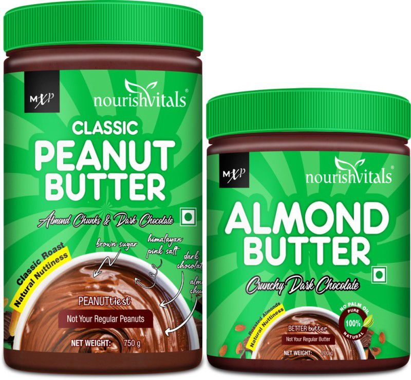 nourishvitals Irresistible Combo | Classic Peanut Butter + Almond Butter 950 g  (Pack of 2)