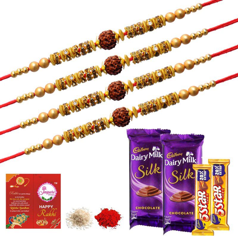 Jaipuri Shop Cadbury - 5Star Chocolate Gift Hamper With Multicolor Religious Rudraksha 4 Rakhi Set Combo  (6)