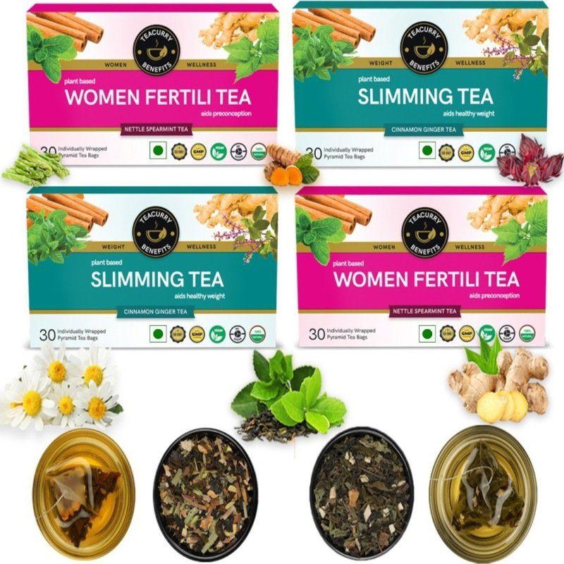 TEACURRY Fertility Support Slimming Tea for Women with Diet Chart - 60 + 60 Tea Bags | Helps in Promotes Ovulation, Strengthens Drive, Tummy Reduction, Digestion Herbal Tea Bags Pouch  (2 x 60 Bags)