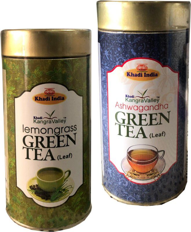 Khadi Kangra Valley Lemongrass and Ashwagandha Green Tea (Leaf) Combo- 100g each Lemon Grass Herbal Tea Tin  (2 x 100 g)