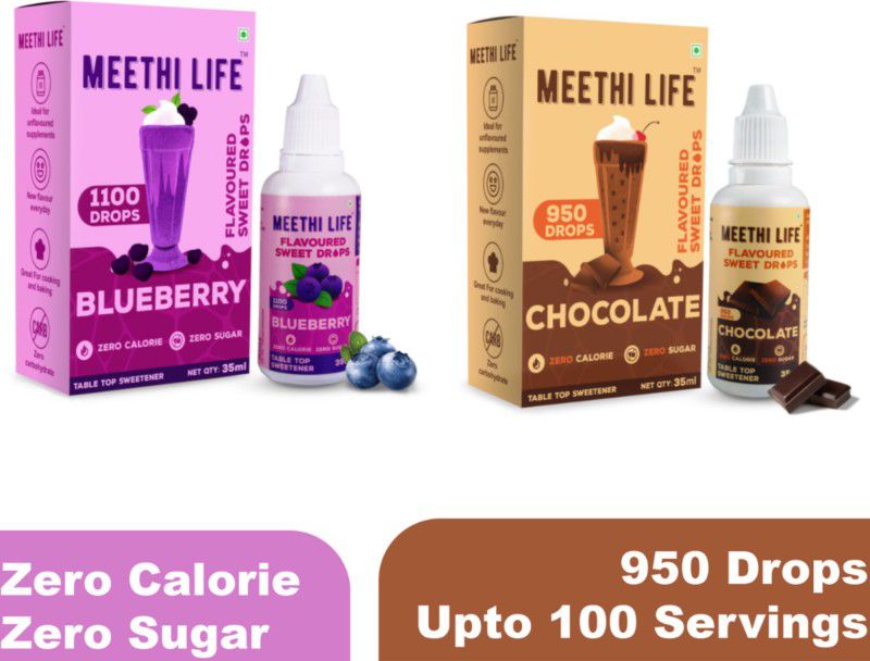 Meethi LIfe Chocolate, Blueberry Flavoured Sweet Drops, Sugar Free,Zero Calorie Sweetener  (70 ml, Pack of 2)