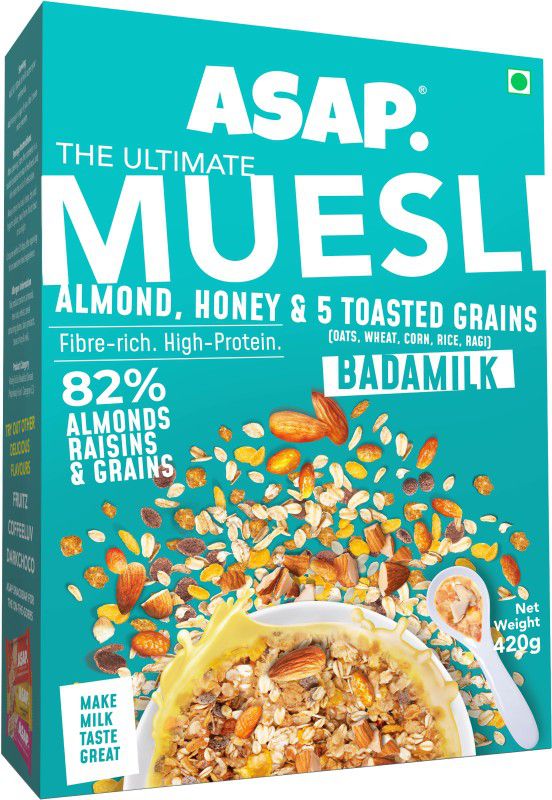 ASAP by ASAP Wholegrain Muesli Badam Milk| 420g | High Protein Breakfast Muesli with Almonds, Honey, Raisins and 5 Toasted Grains | Healthy Multigrain Granola with Nuts | Omega-3 & Fibre rich Box  (420 g)
