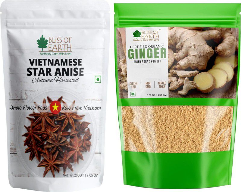 Bliss of Earth Vietnamese 200gm star anise chakri phool + 200gm ginger powder for cooking & tea  (2 x 225 g)