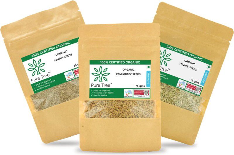 Pure Tree Organic Spices Ajwain, Fenugreek Methi, Fennel Sauf Whole Seeds 75gms each Pack Combo  (225 Grams)