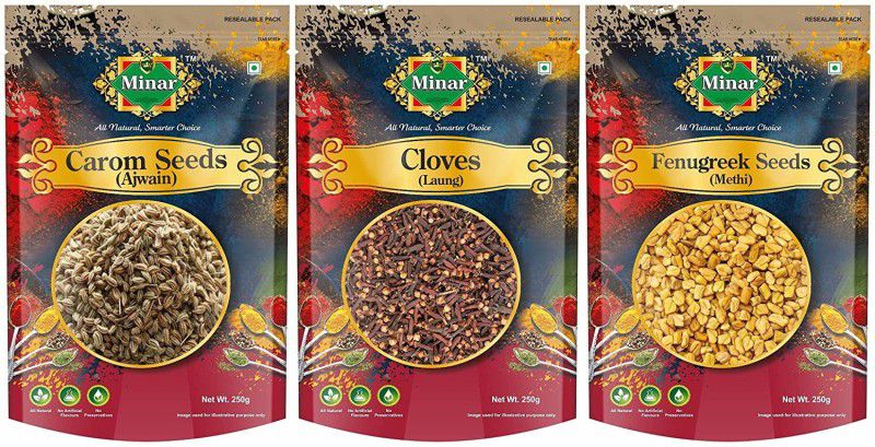 Minar Whole Spices Combo Pack 750g (Carom Seeds Ajwain, Clove Laung, Fenugreek Seeds Methi Dana) 250g Each  (3 x 250 g)