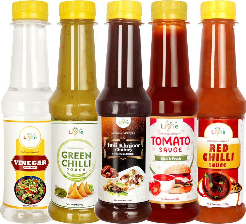 LIYFE Combo of 5 (Imli Dates Chutney, Green Chilli, Red Chilli, Tomato Ketchup, Vinegar Sauces & Ketchup  (5 x 200 g)