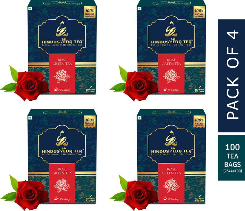 HINDUSVEDA TEA - - Rose Tea With The Goodness Of Exotic Green Tea For Weight Loss, Glowing Skin, And Detox | Pack Of 4 Rose Tea - 25*4- (100 Tea Bags) | Rose Green Tea Bags Box  (4 x 25 Bags)