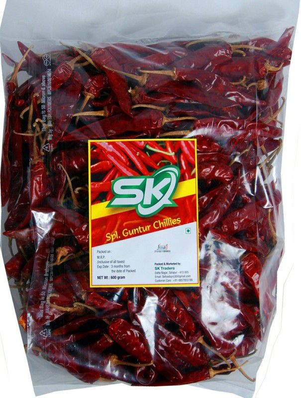 Sk foods Premium dry chilli whole Guntur mirchi lal sukhi mirchi 600grm  (600 g)