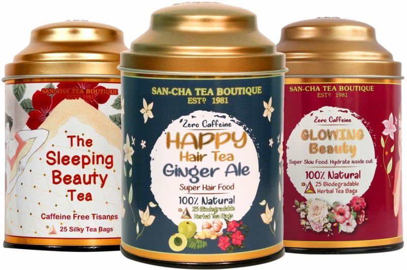 SANCHA Beauty Tea Bundle|75 Pyramid Tea Bags|Beautifying Teas Value Pack|Caffeine Free Assorted Herbal Tea Bags Tin  (3 x 25 g)