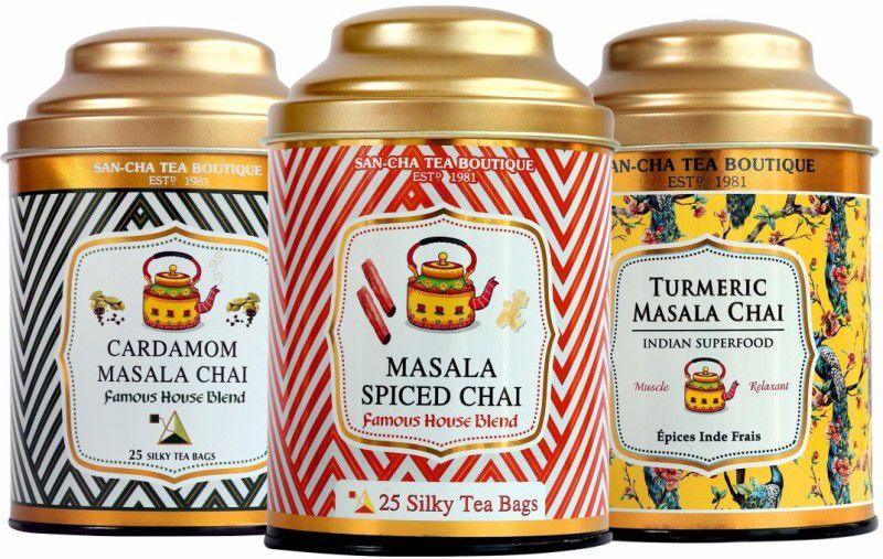 SANCHA Masala Chai Tea Bundle| Turmeric Chai, Masala Chai & Cardamom Chai| Pack of 3 Spices Masala Tea Bags Tin  (3 x 25 g)