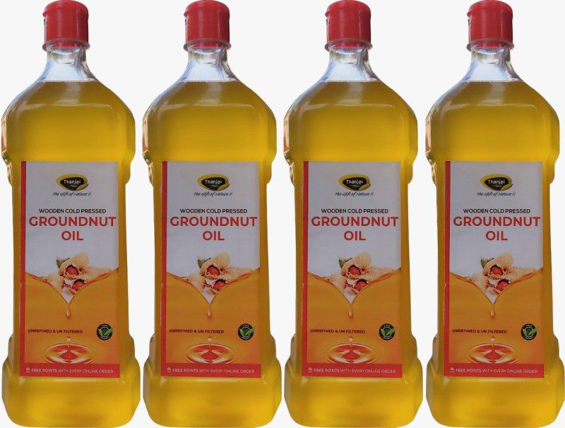 THANJAI NATURAL Virgin Groundnut Oil 4Ltr Wooden Cold Pressed/Peanut Oil for Cooking- Heart Health/Unrefined/Cholesterol Free /No Preservatives Groundnut Oil Plastic Bottle  (4 x 1 L)